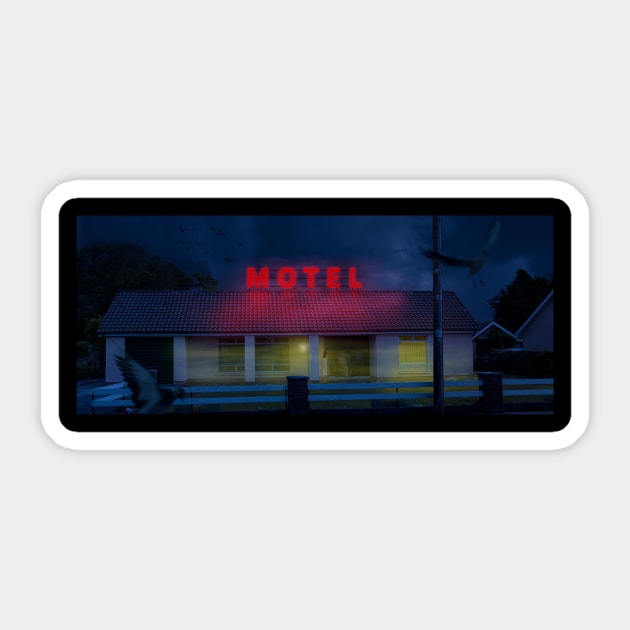 A Girl and Motel in Night Sticker by Raimondi